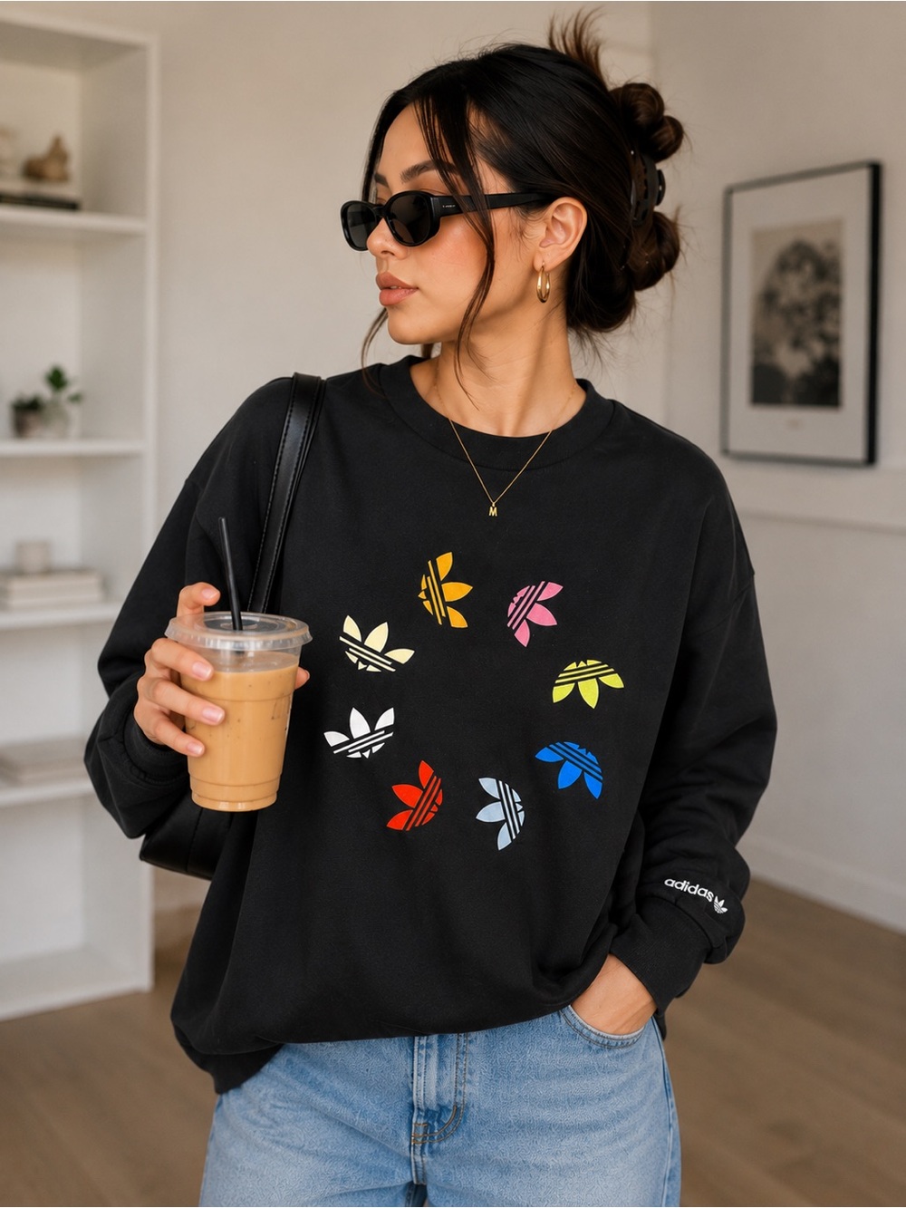 adidas Black Crewneck Sweatshirt with Multicolor Trefoil Graphics